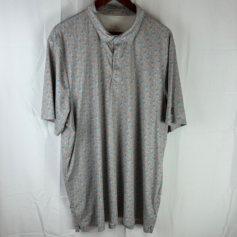 Huk Polo Shirt Mens XXXL Grey Multi Cocktail Print Performance All Over Print